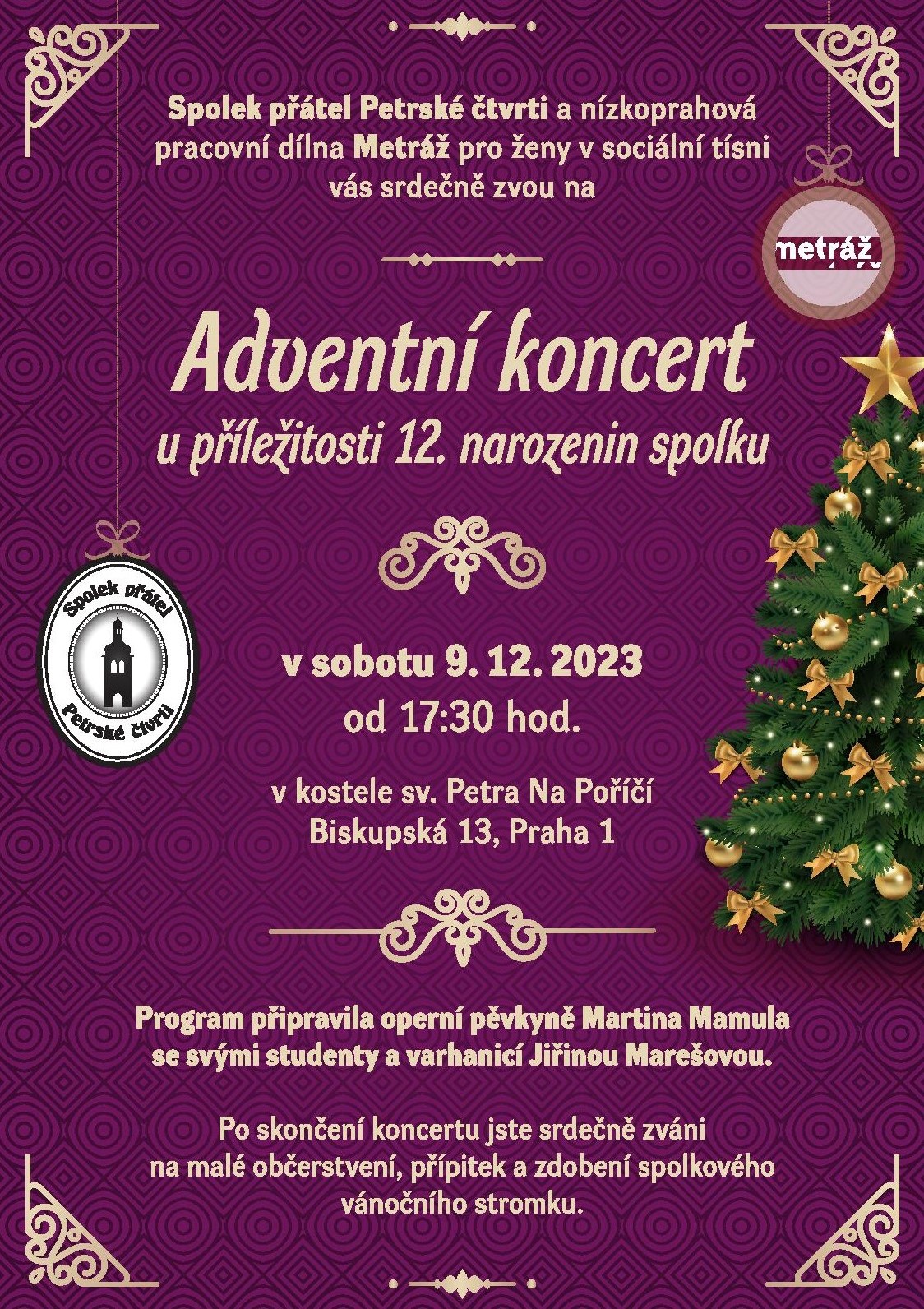 Adventní koncert u příležitosti 12. narozenin Spolku přátel Petrské čtvrti