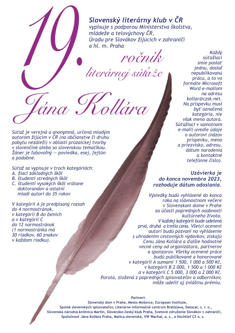 Vyhlášení výsledků literární soutěže Jána Kollára